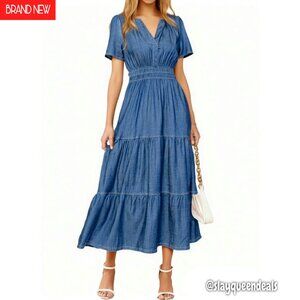 Denim Maxi Dress with Pockets, V-Neck, Empire Waist, Flowy Boho Style